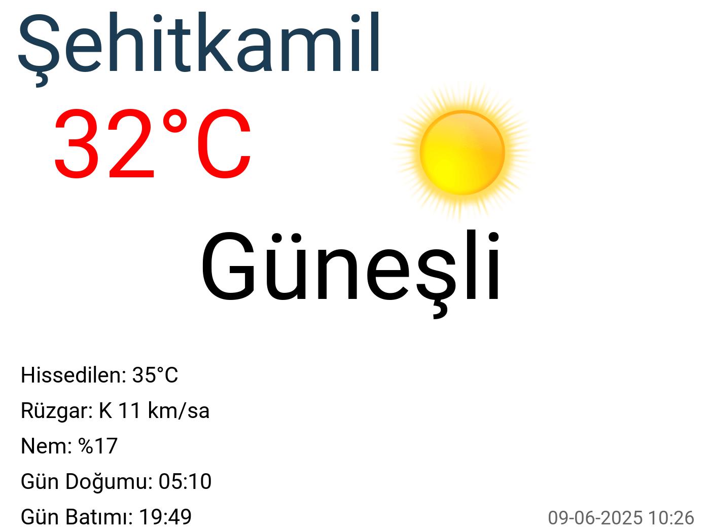 Şehitkamil hava durumu 15 günlük